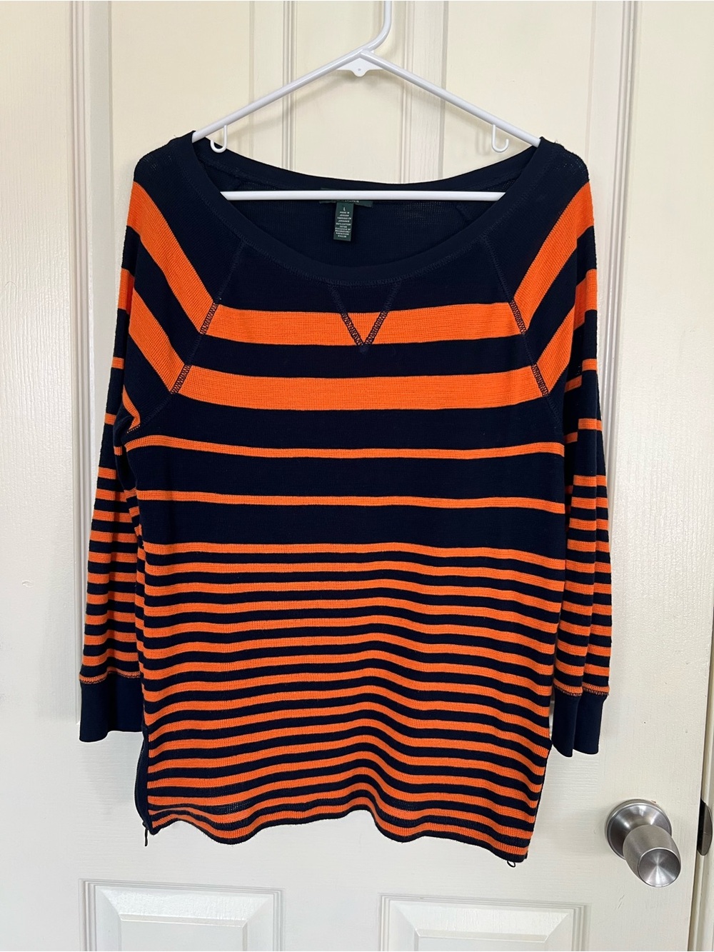 Ralph Lauren LRL Orange Navy Striped Thermal Top Large 100% Cotton Zip Hem